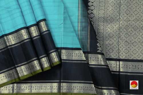 Blue And Black Kanchipuram Silk Saree With Medium Border Handwoven Pure Silk For Festive Wear PV NYC 1073