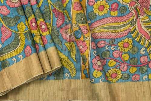 Blue And Mustard Kalamkari Tussar Silk Saree Handpainted Floral Patterns Organic Vegetable Dyes PKM 566