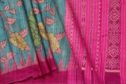 Blue And Pink Kalamkari Gicha Tussar Silk Saree Handpainted Floral Patterns Organic Vegetable Dyes PT K VSR 122