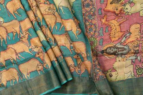Blue And Pink Kalamkari Tussar Silk Saree Handpainted Cow Patterns Organic Vegetable Dyes PT K VSR 102