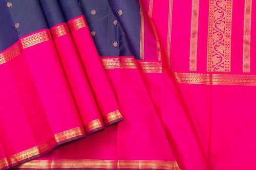Blue And Pink Kanchipuram Silk Saree With Long Border Handwoven Pure Silk For Festive Wear PV NYC 1028