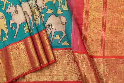 Blue And Red Handpainted Kalamkari Kanchipuram Silk Saree Krishna Leela Theme Pure Zari PV VSR KK 104