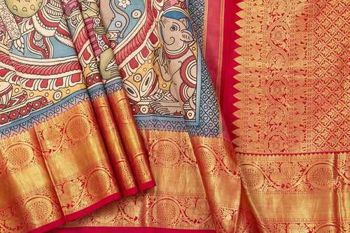 Blue And Red Handpainted Kalamkari Kanchipuram Silk Saree Musical Ganesha Theme Pure Zari PV SRK KK 104