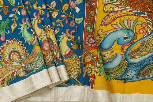 Blue And Yellow Handpainted Kalamkari Floral Pattern Mangalgiri Silk Saree Organic Dyes For Office Wear PKMS 64