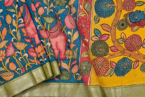 Blue And Yellow  Handpainted Kalamkari Floral Pattern With Silver Zari Mangalgiri Silk Saree Organic Dyes For Office Wear PKMS 59
