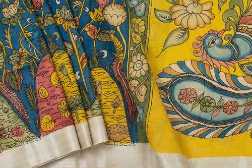 Blue And Yellow Handpainted Kalamkari Floral Print Mangalgiri Silk Saree Silver Zari Organic Dyes For Office Wear PKMS 60