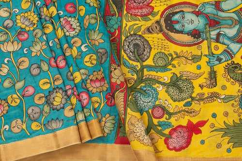 Blue And Yellow Handpainted Kalamkari Mangalgiri Silk Saree Organic Dyes For Office Wear PKMS 55