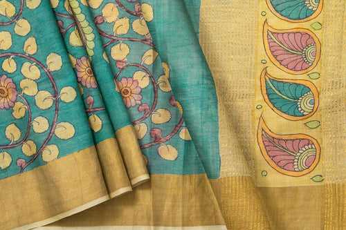 Blue Kalamkari Tussar Silk Saree Handpainted Floral And Peacock Patterns Organic Vegetable Dyes PT K VSR 106