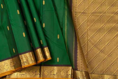 Green And Brown Kanchipuram Silk Saree With Medium Border Handwoven Pure Silk For Festive Wear PV J 556