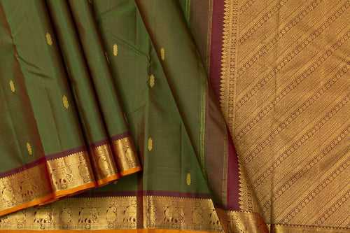 Green And Brown Kanchipuram Silk Saree With Short Border Handwoven Pure Silk For Festive Wear PV J 394