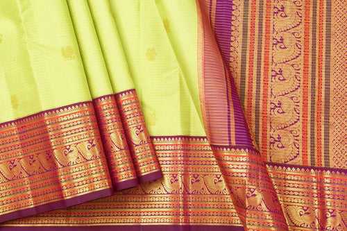 Green And Magenta Kanchipuram Silk Saree With Gold Zari Gandaberunda Motifs And Medium Border Handwoven Pure Silk For Wedding Wear PV 2033