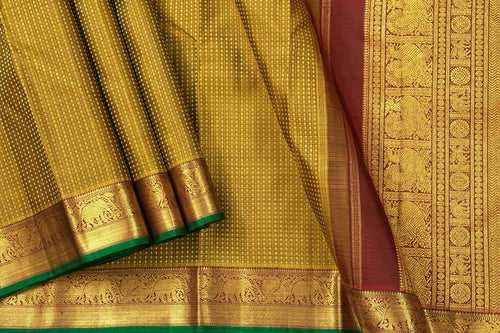 Green And Maroon Zari Checks Kanchipuram Silk Saree With Small Border Handwoven Pure Silk For Wedding Wear PV NYC 1099