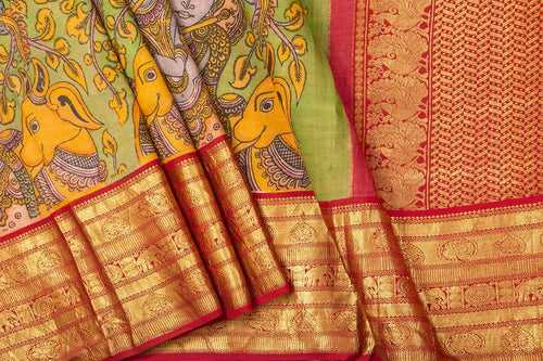 Green And Red Handpainted Kalamkari Kanchipuram Silk Saree Krishna Leela Theme Pure Zari PV VSR KK 105