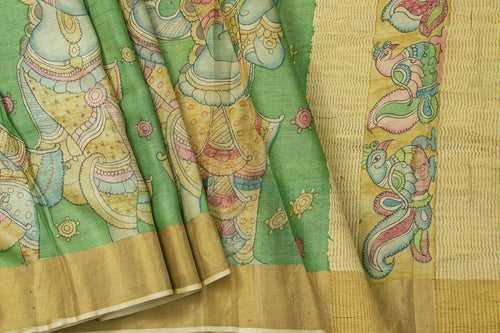Green Kalamkari Tussar Silk Saree Handpainted Dancing Girl Patterns Organic Vegetable Dyes PT K VSR 105