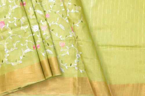 Green Linen Saree With Embroidery And Gold Zari Border PL 2053