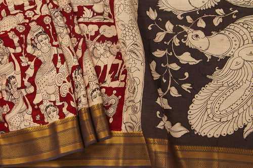 Maroon And Black Kalamkari Bangalore Silk Saree With Zari Border Handpainted Organic Dyes For Office Wear PV KBS VSR 102