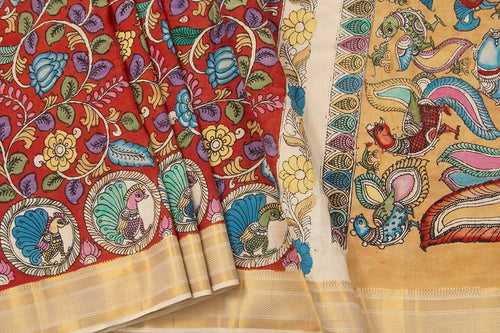 Maroon And Mustard Handpainted Kalamkari Mangalgiri Silk Saree Organic Dyes For Office Wear PKMS 69