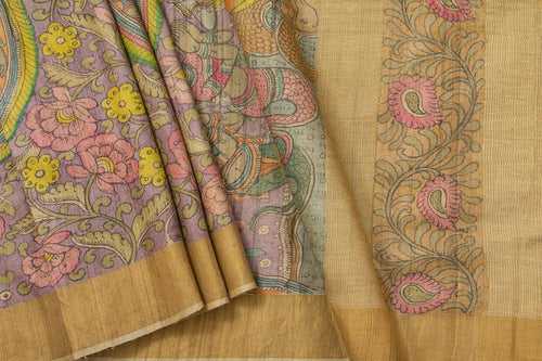 Mauve And Beige Kalamkari Tussar Silk Saree Handpainted Floral Patterns Organic Vegetable Dyes PT K VSR 112