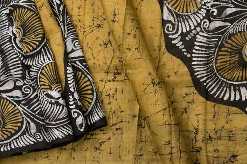 Mustard And Black Borderless Lightweight Batik Silk Saree Handwoven Pure Silk For Party Wear PB 334