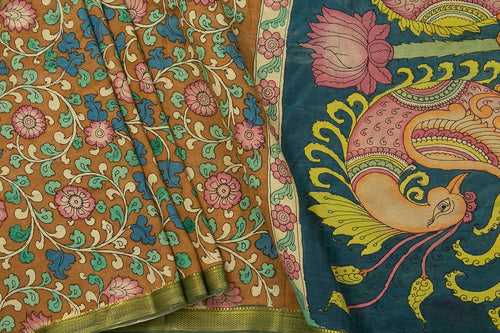 Mustard And Blue Handpainted Kalamkari Mangalgiri Silk Saree Organic Dyes For Office Wear PKMS 65