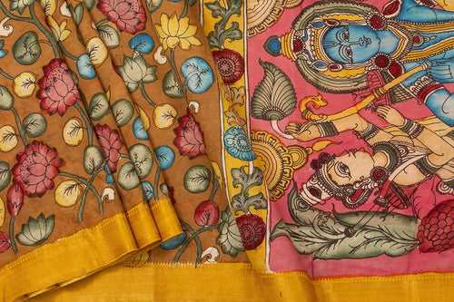 Mustard And Pink Handpainted Kalamkari Mangalgiri Silk Saree Organic Dyes For Office Wear PKMS 63