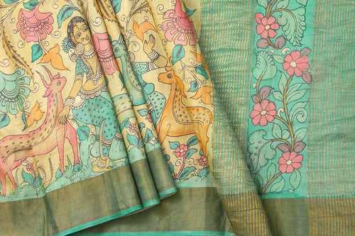 Off White And Blue Kalamkari Tussar Silk Saree Handpainted Floral And Dancing Girl Patterns Organic Vegetable Dyes PT K VSR 101
