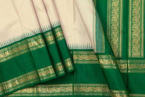 Off White And Green Kanchipuram Silk Saree With Medium Border Handwoven Pure Silk For Wedding Wear PV NYC 1030