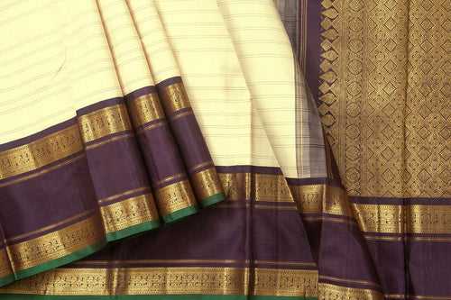 Off White With Brown Kanchipuram Silk Saree With Medium Border Handwoven Pure Silk For Wedding Wear PV NYC 1072