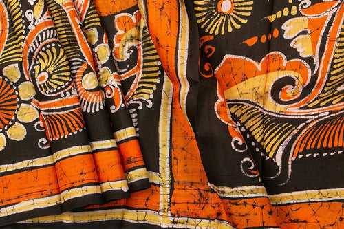 Orange And Black Lightweight Batik Silk Saree Handwoven Pure Silk For Office Wear PB 331