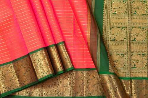 Orange And Green Kanchipuram Silk Saree With Medium Border Handwoven Pure Silk For Wedding Wear PV NYC 990