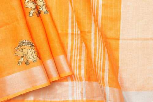 Orange Linen Saree With Embroidery And Silver Zari Border PL 2037