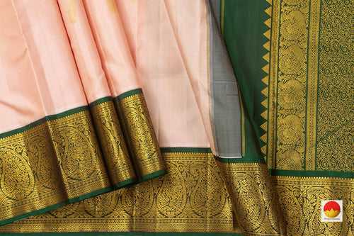 Pastel Peach And green  Kanchipuram Silk Saree With Medium Border Handwoven Pure Silk For Wedding Wear PV NYC 1054