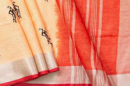 Pastel Peach Linen Saree With Embroidery And Silver Zari Border PL 2042