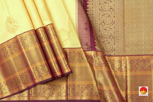Pastel Yellow And Maroon Kanchipuram Silk Saree With Medium Border Handwoven Pure Silk For Wedding Wear PV NYC 1048