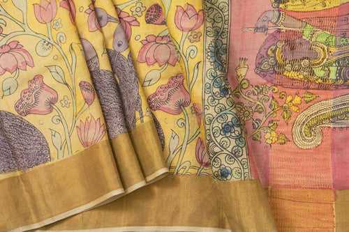Pastel Yellow And Pink Kalamkari Tussar Silk Saree Handpainted Floral, Crane And Krishna Leela Patterns Organic Vegetable Dyes PT K VSR 118