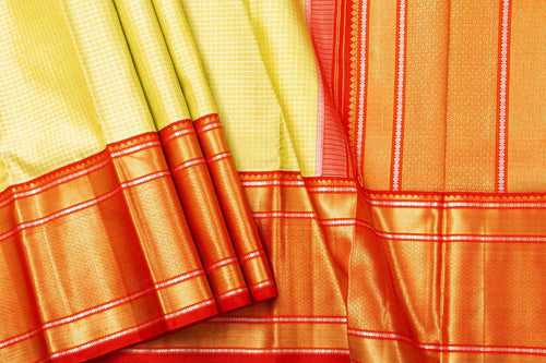 Pastel Yellow And Red Kanchipuram Silk Saree With Morning Evening Border Handwoven Pure Silk For Wedding Wear PV NYC 1061