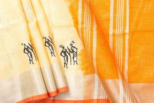 Pastel Yellow Linen Saree With Embroidery And Silver Zari Border PL 2043