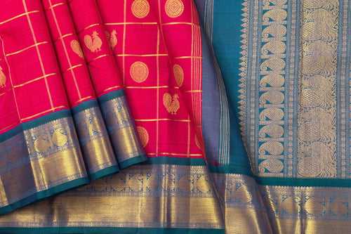Pink And Blue Kanchipuram Silk Saree With Zari Checks Medium Border Handwoven Pure Silk For Wedding Wear PV NYC 1023