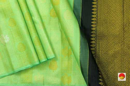 Pista Green And Black Borderless Kanchipuram Silk Saree With Floral Silk Thread Work Handwoven Pure Silk Pure Zari For Festive Wear PV NYC 1050