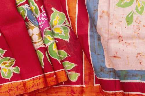 Red And Beige Lightweight Batik Silk Saree Handwoven Pure Silk For Office Wear PB 333