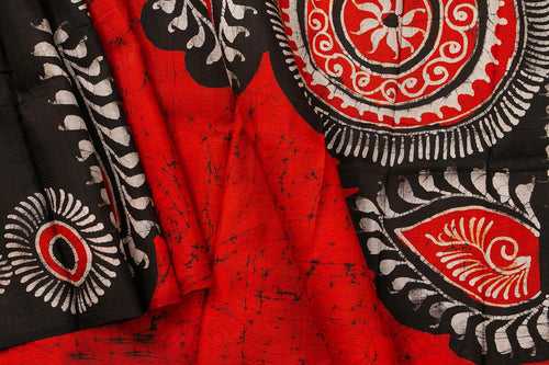 Red And Black Lightweight Batik Silk Saree Handwoven Pure Silk For Office Wear PB 326