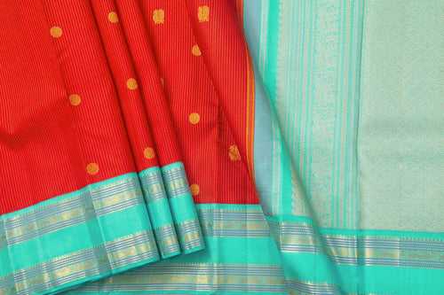 Red And Turquoise Blue Kanchipuram Silk Saree With Medium Border Handwoven Pure Silk For Wedding Wear PV NYC 1095