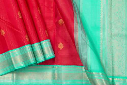 Red And Turquoise Blue Kanchipuram Silk Saree With Small Border Handwoven Pure Silk For Wedding Wear PV NYC 1012