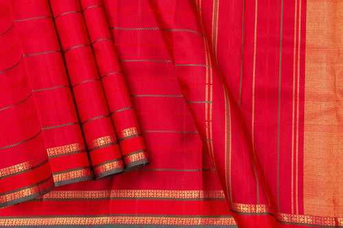 Red Veldhari Stripes Kanchipuram Silk Saree With Small Border Handwoven Pure Silk For Office Wear PV NYC 1019