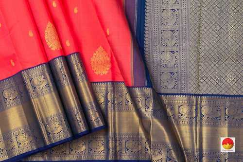 Tomato Red And Blue Kanchipuram Silk Saree Handwoven Pure Silk For Wedding Wear PV NYC 1043