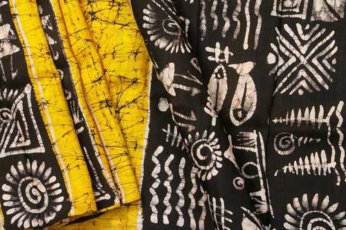 Yellow And Black Lightweight Batik Silk Saree Handwoven Pure Silk For Office Wear PB 321