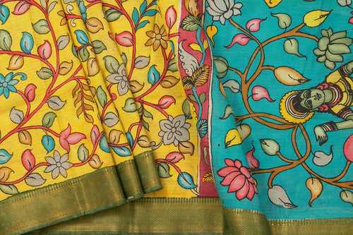 Yellow And Blue Handpainted Kalamkari Floral Pattern Mangalgiri Silk Saree Organic Dyes For Office Wear PKMS 58
