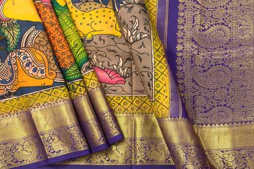 Yellow And Blue Handpainted Kalamkari Kanchipuram Silk Saree Krishna Leela Theme Pure Zari PV SRK KK 102