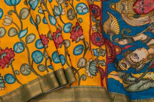 Yellow And Blue Handpainted Kalamkari Mangalgiri Silk Saree Organic Dyes For Office Wear PKMS 66