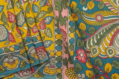 Yellow And Blue Handpainted Kalamkari Saree With Floral patterns Using Organic Dyes For Office Wear PKM 579